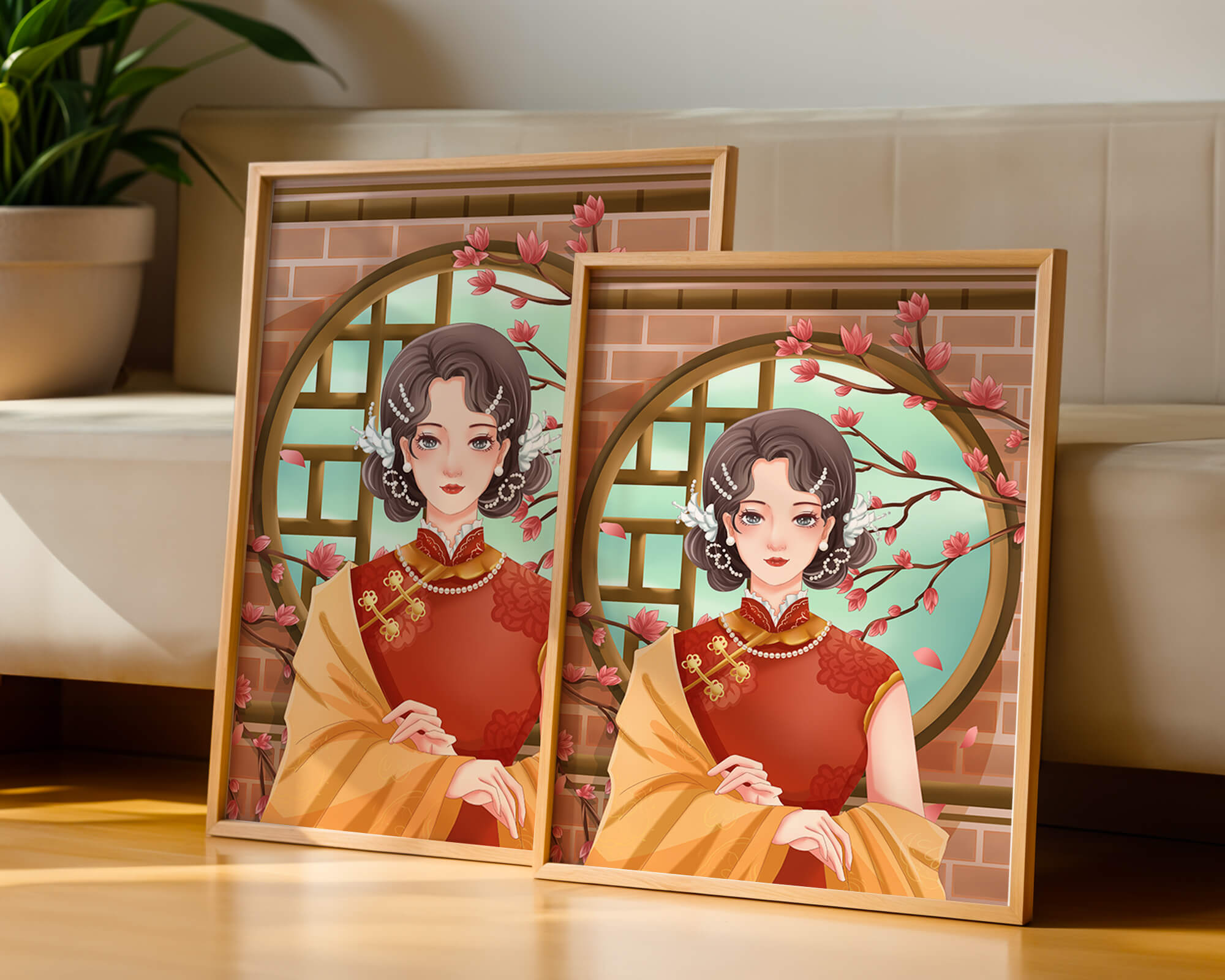 Elegant woman in traditional dress with floral background