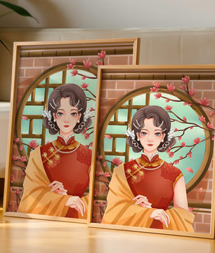 Elegant woman in traditional dress with floral background