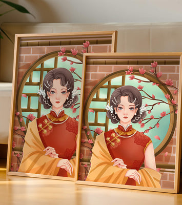 Elegant woman in traditional dress with floral background