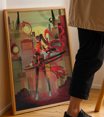 Futuristic warrior in a cyberpunk cityscape with swords and red accents