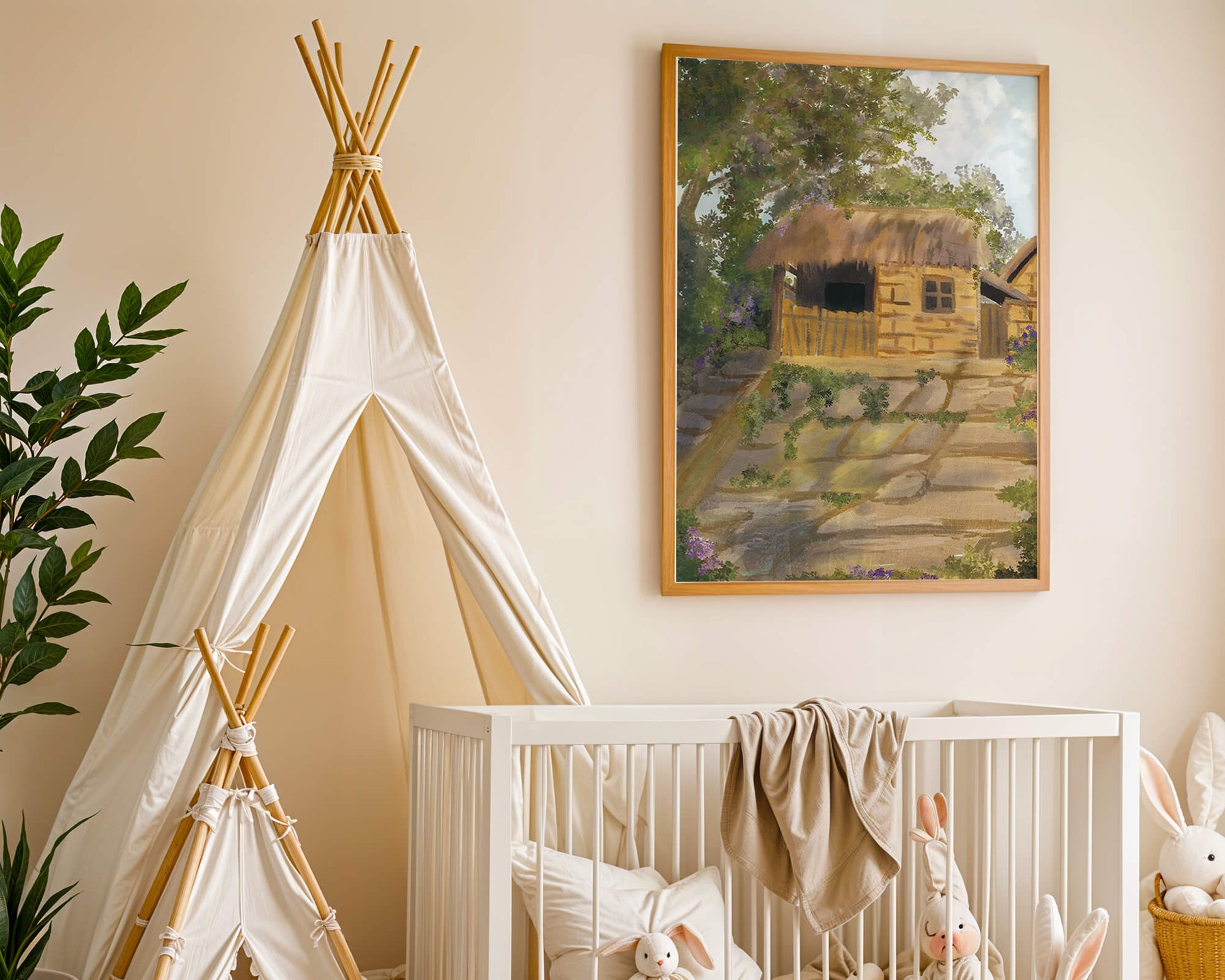 Charming Countryside Cottage with Thatch Roof and Lush Greenery