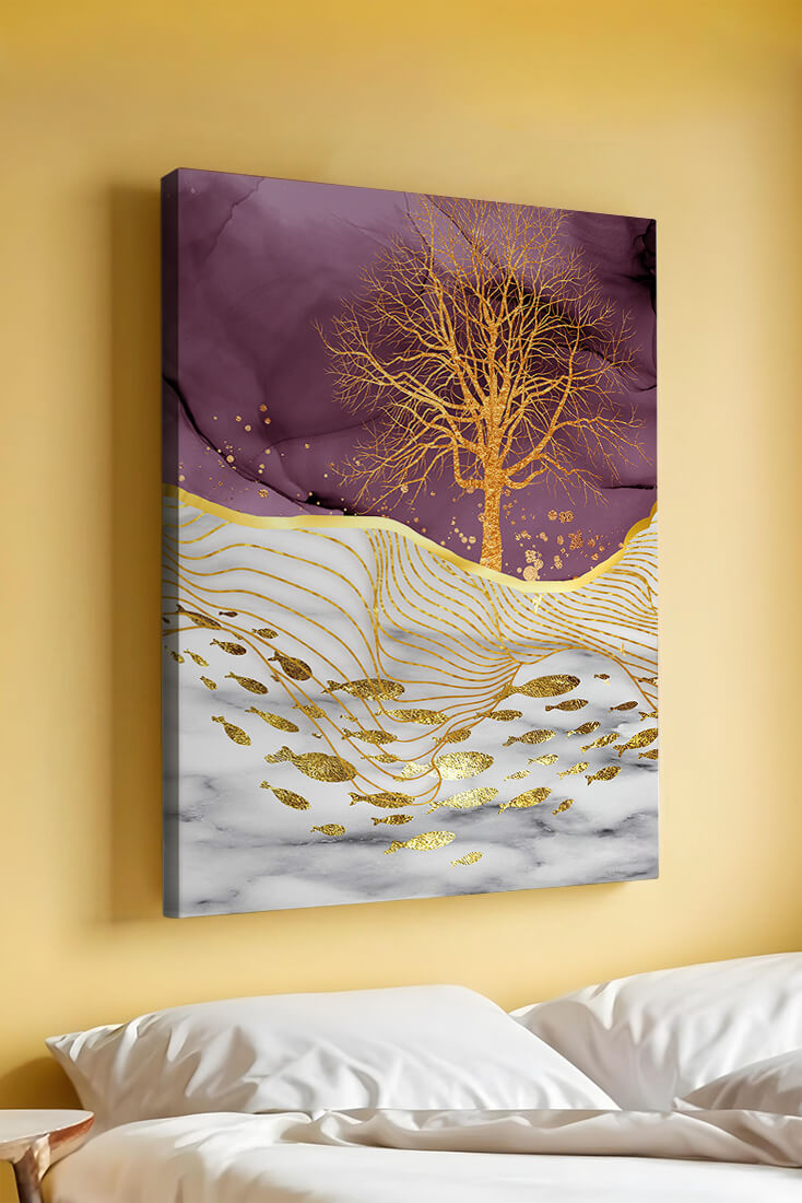 Abstract Tree with Gold Fish on Marble Background