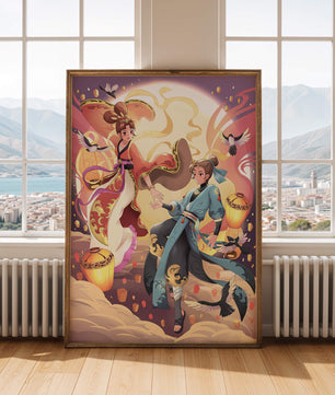 Dynamic anime scene with traditional attire and lanterns