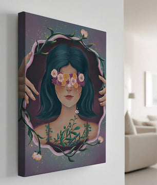 Portrait enchanteur d'une femme aux yeux floraux et aux cheveux noirs