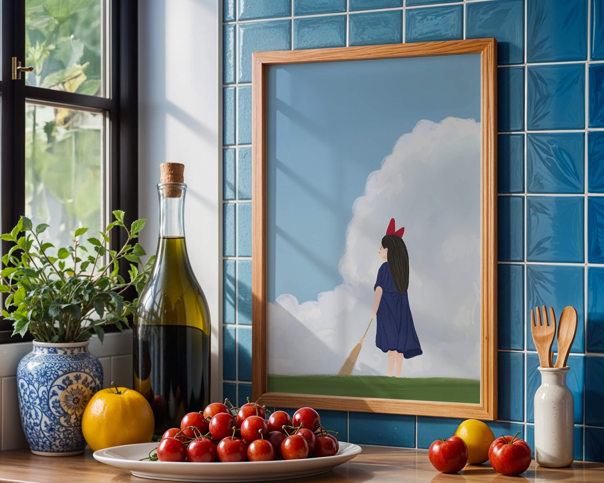 Junges Mädchen steht auf Gras mit Besen unter blauem Himmel