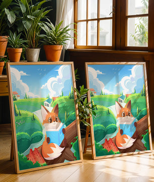 Fox Reading a Book in Scenic Green Landscape with Watermelon Slices
