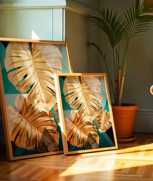 Blätter der Goldenen Monstera auf geometrischem Hintergrund