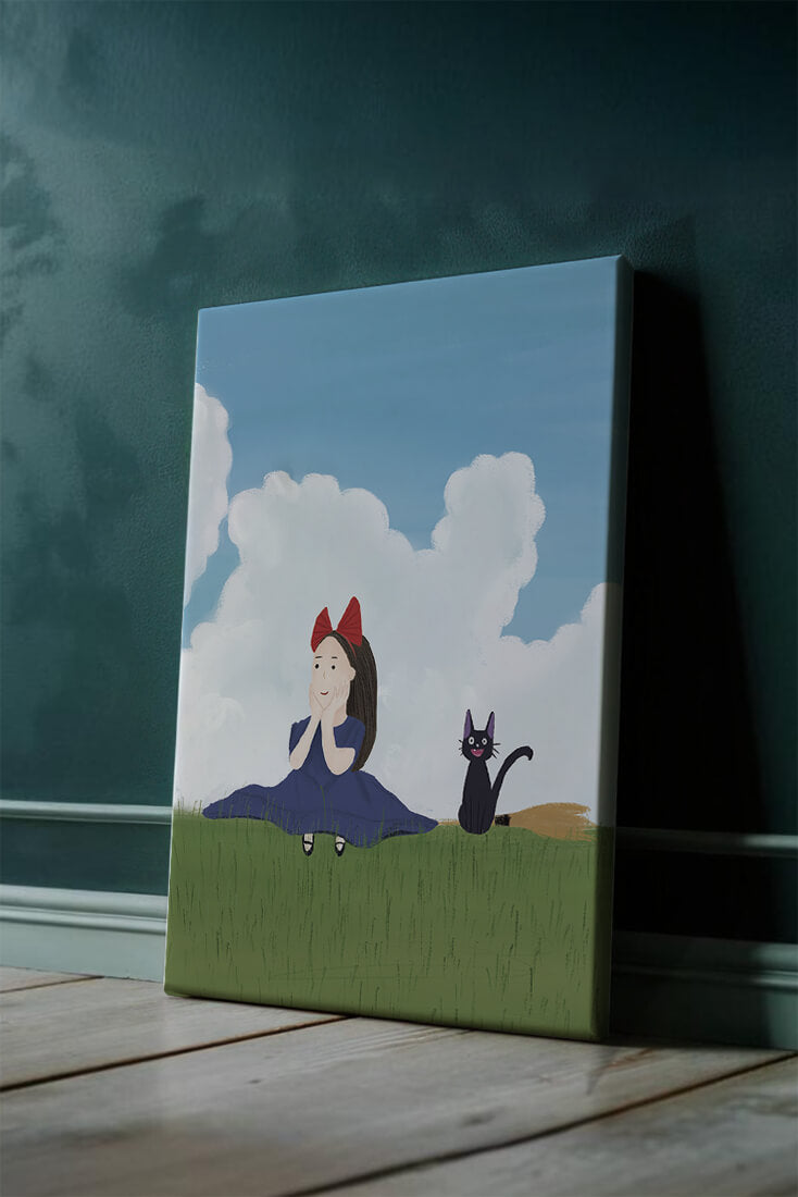 Girl with Red Bow and Cat in Lush Green Meadow