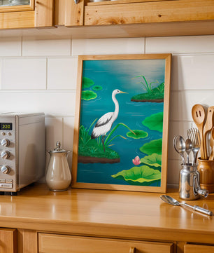 Serene wetland scene with white crane and water lilies