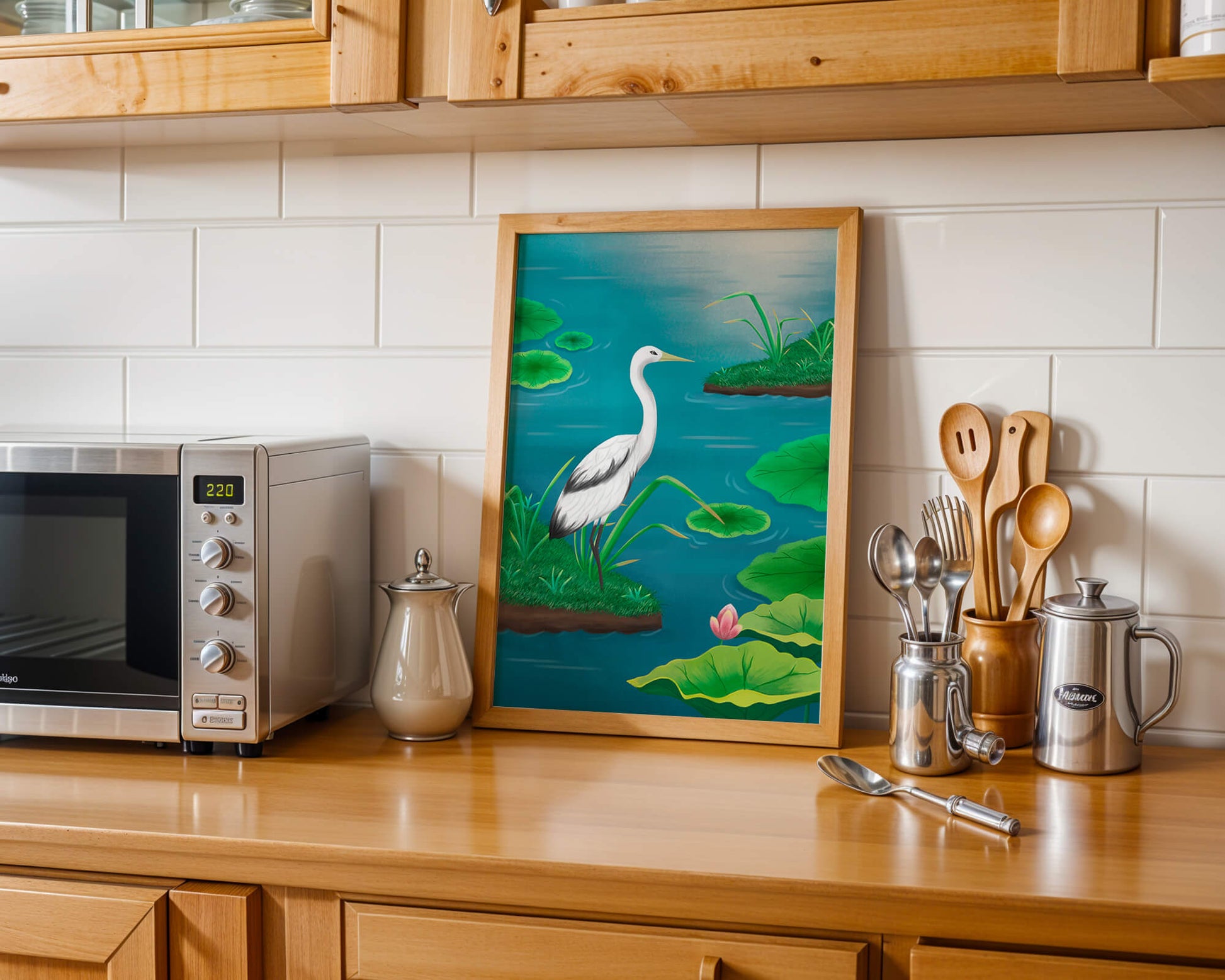 Serene wetland scene with white crane and water lilies