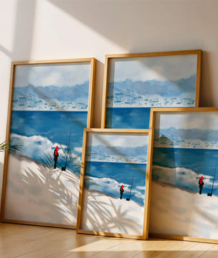 Winterlandschaft mit Person in roter Jacke am Meer