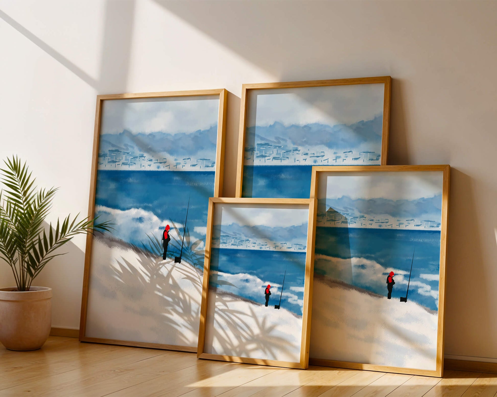 Winterlandschaft mit Person in roter Jacke am Meer