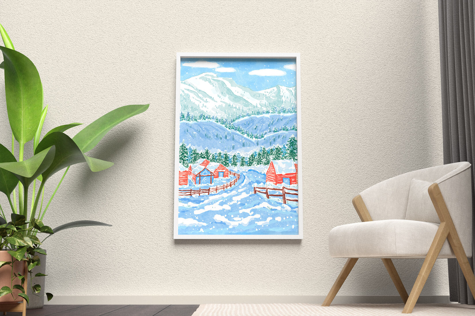 Charming snowy landscape with mountain view and cozy cabins