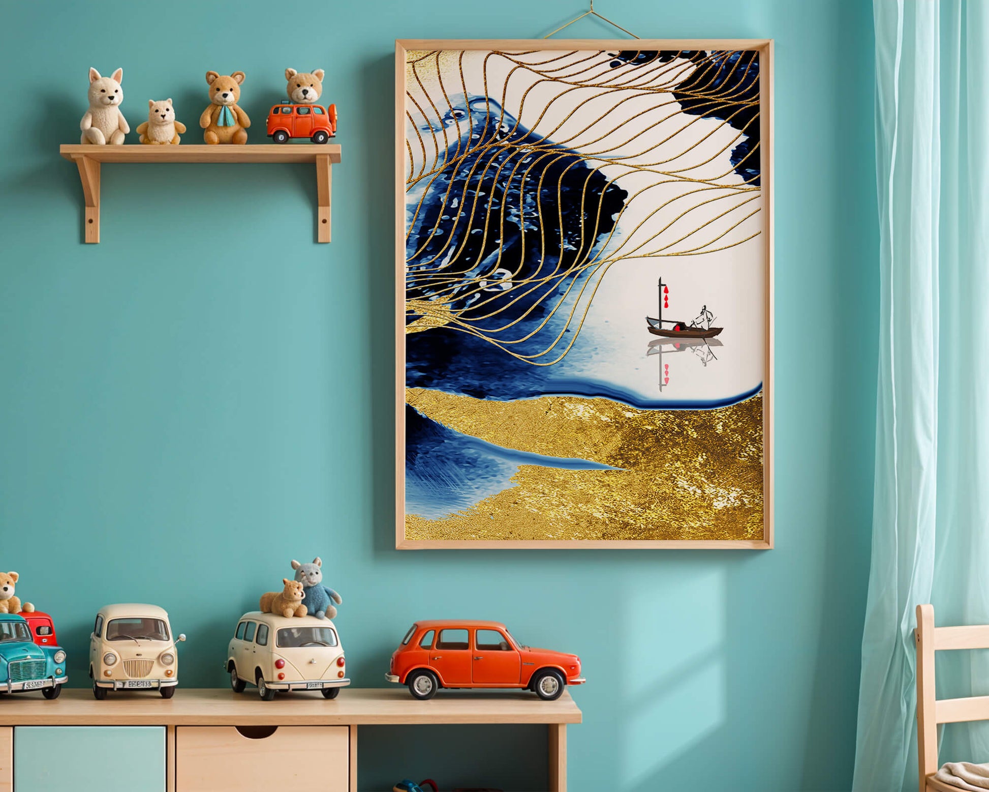 Paisaje abstracto con olas doradas y un barco solitario sobre fondo azul y blanco.
