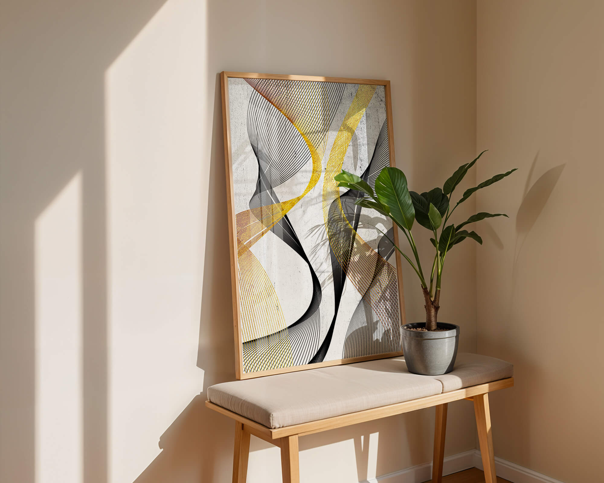 Abstract dynamic lines with golden and black swirls on textured background