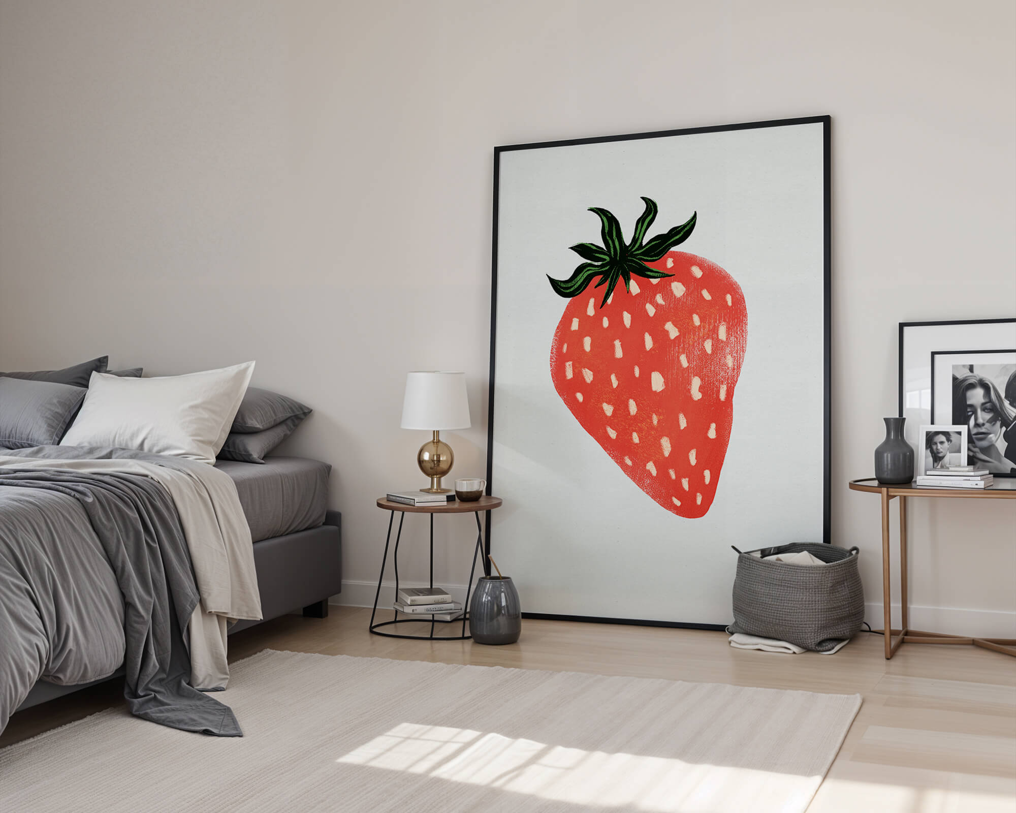 Illustrative design of a vibrant red strawberry with green leaves
