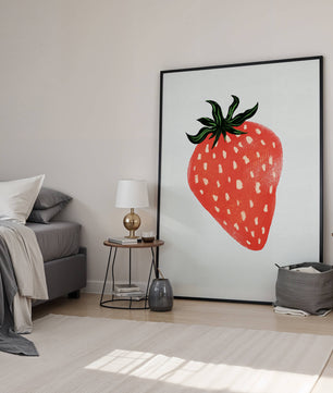 Illustrative design of a vibrant red strawberry with green leaves