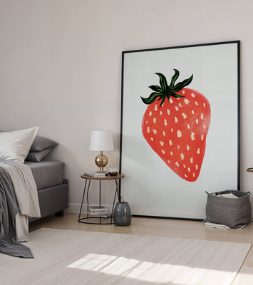 Illustrative design of a vibrant red strawberry with green leaves
