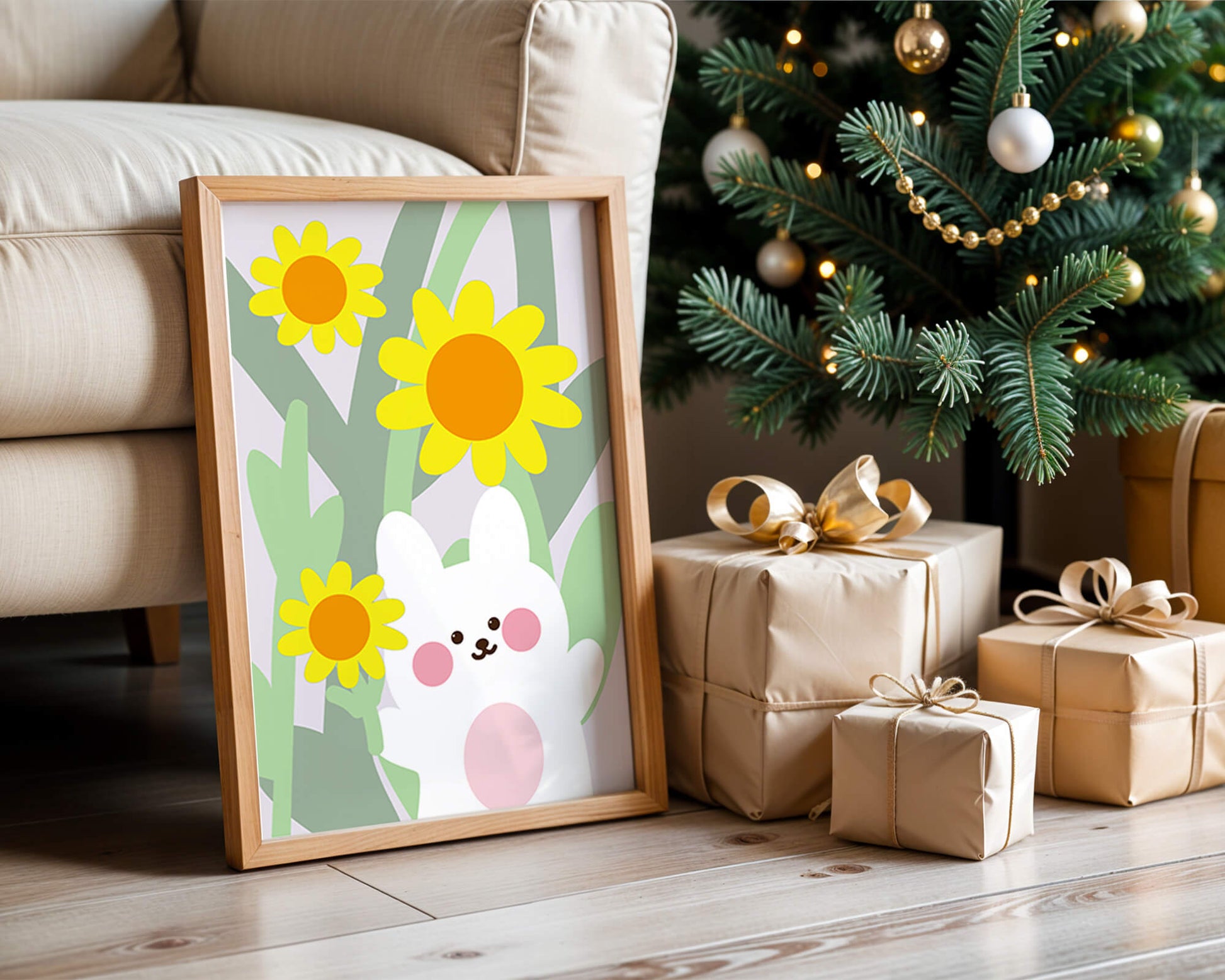 Adorable bunny with vibrant flowers cartoon illustration