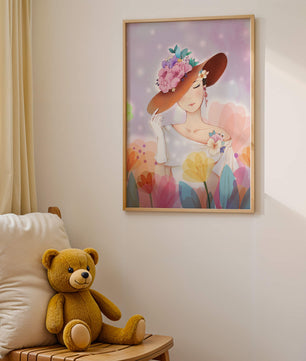 Mujer elegante con sombrero floral entre flores coloridas