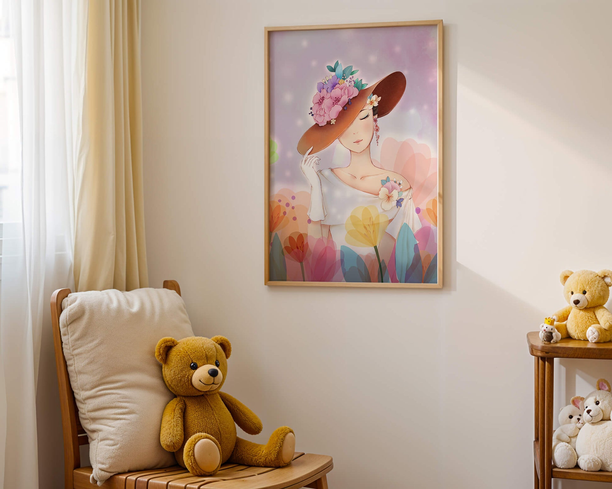 Mujer elegante con sombrero floral entre flores de colores
