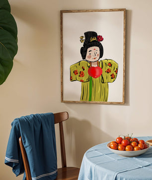 Ilustración de una figura tradicional con atuendo vibrante y un símbolo de corazón