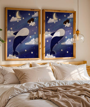 Whimsical night scene with flying angel and whale