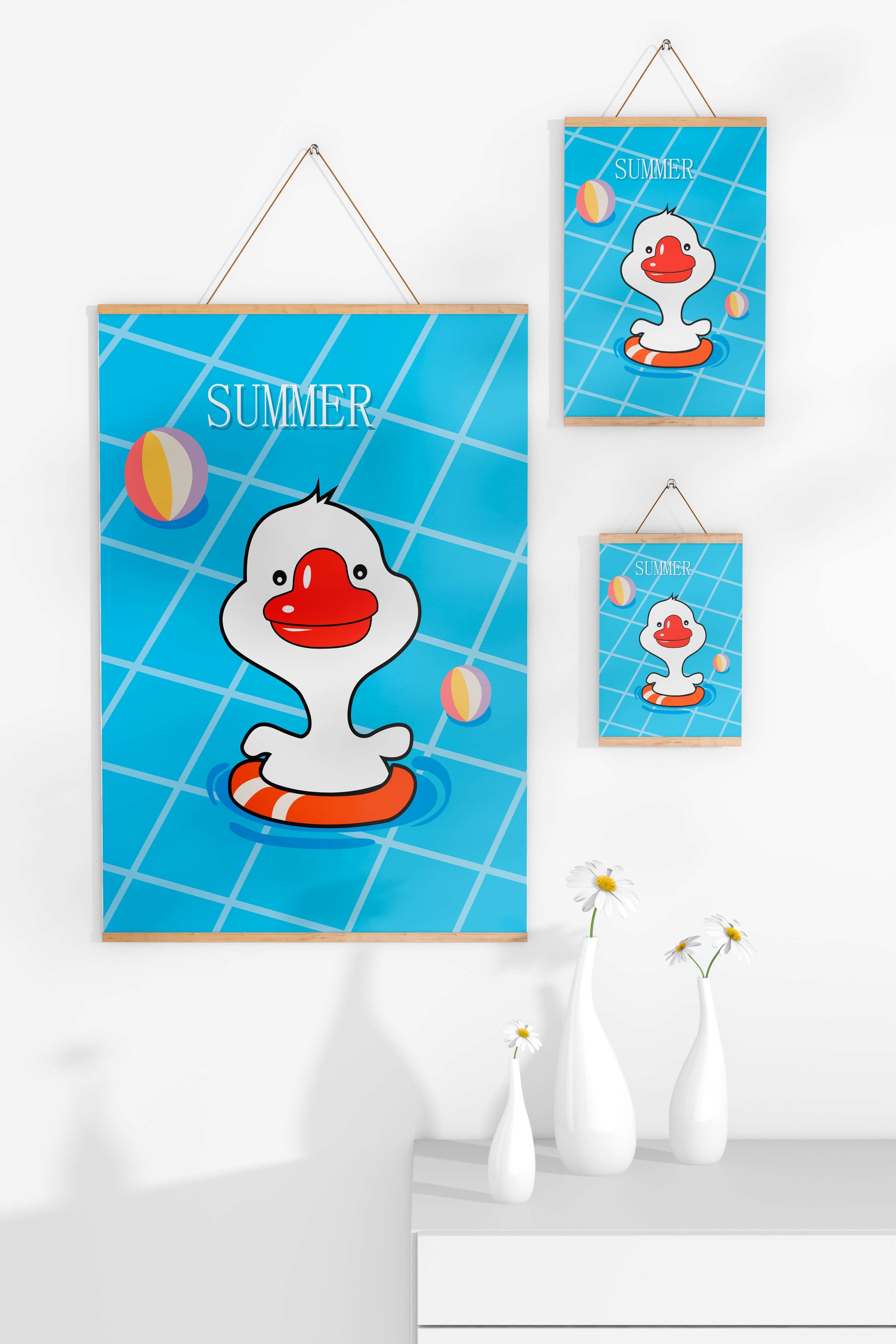 Cartoon duck swimming in a pool with summer beach elements