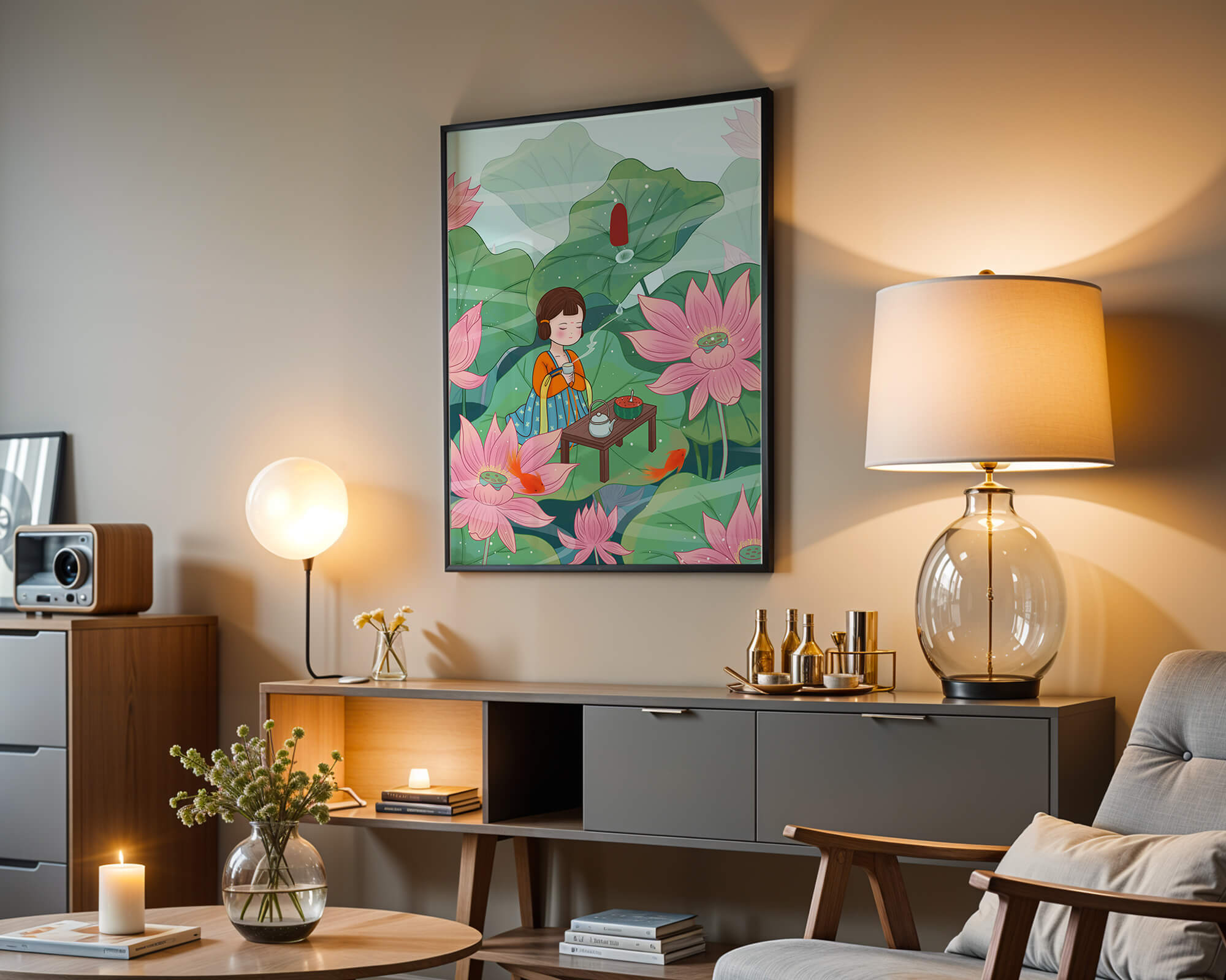 Serene illustration of a girl enjoying tea among lotus flowers
