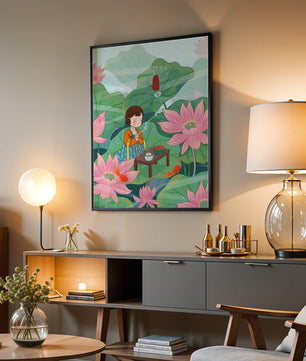 Serene illustration of a girl enjoying tea among lotus flowers