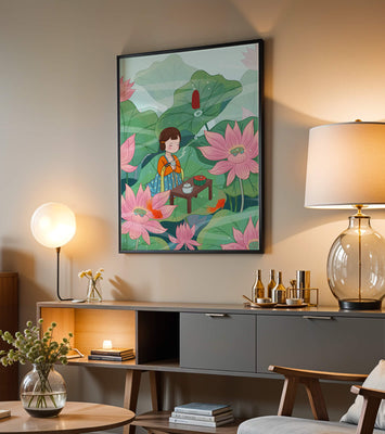 Serene illustration of a girl enjoying tea among lotus flowers