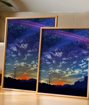 Starlit night sky with colorful sunset and silhouetted landscape