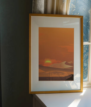 Sunset in Desert with Rolling Sand Dunes and Vibrant Orange Sky - Mi tienda