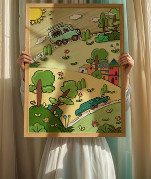 Whimsical landscape with houses, cars, and colorful flora