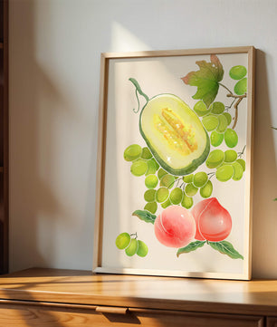 Ilustración de frutas vibrantes que incluye uvas, melón y duraznos