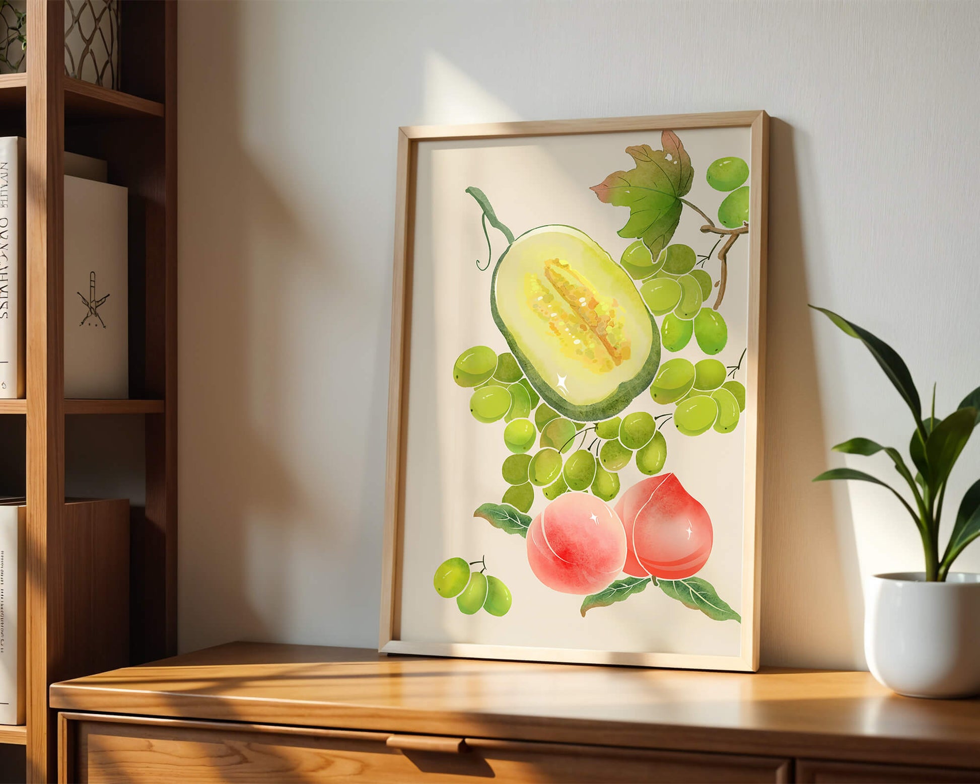 Ilustración de frutas vibrantes que incluye uvas, melón y duraznos