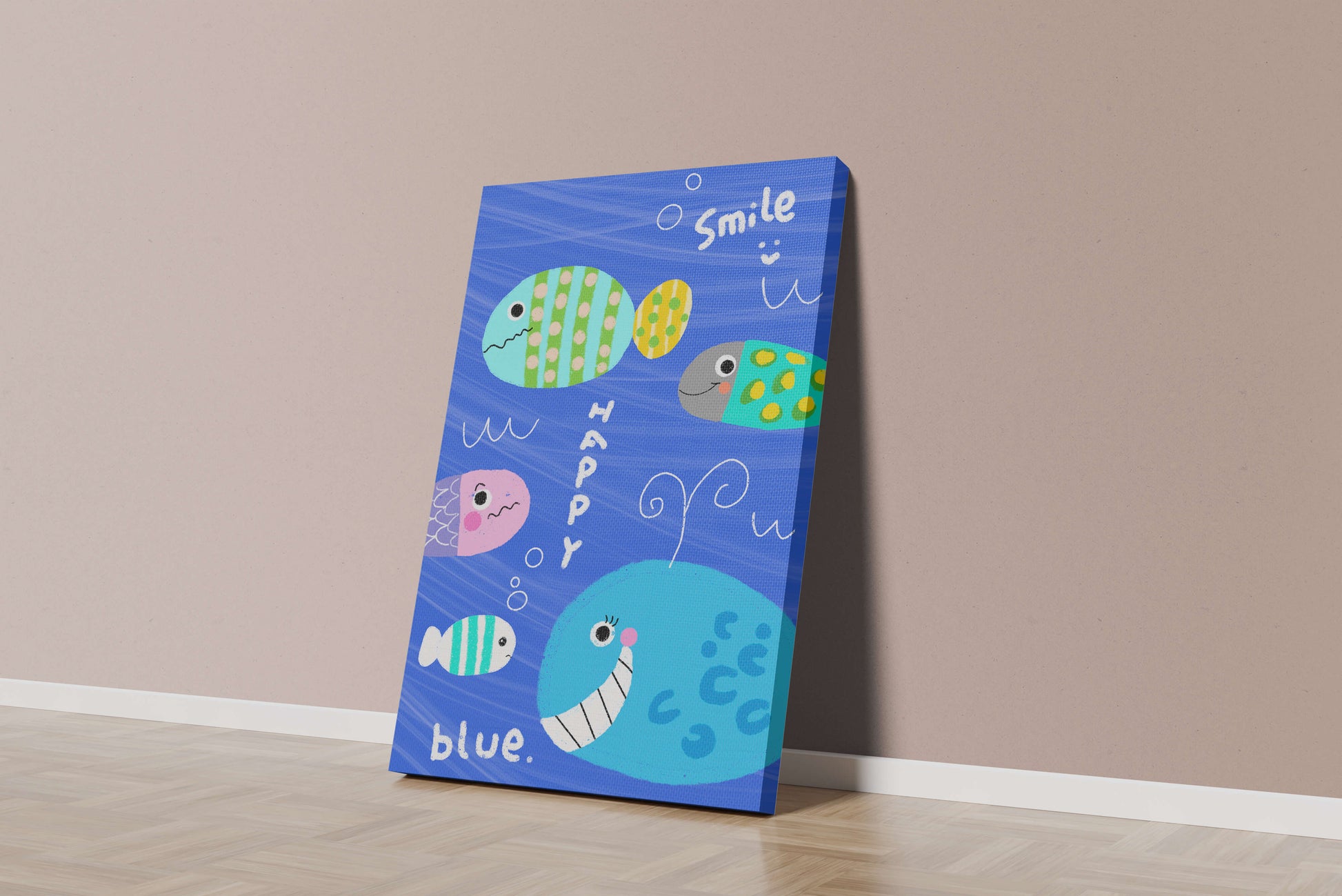 Colorful underwater scene with smiling cartoon fish