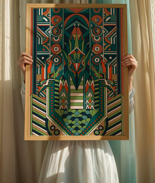 Design géométrique abstrait inspiré de l’Art déco avec des motifs symétriques et un motif animal