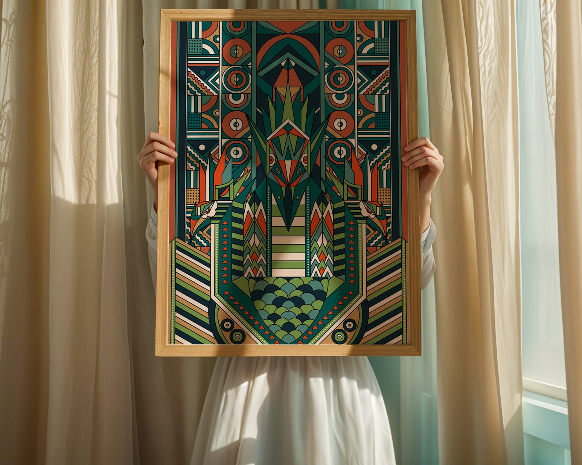 Art Deco Inspired Abstract Geometric Design with Symmetrical Patterns and Animal Motif