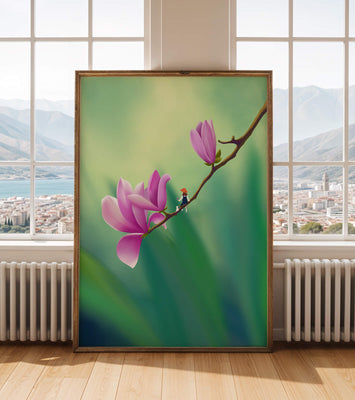 Serene illustration of magnolia flowers with a small figure in a hat
