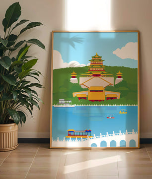 Traditional Chinese architecture by a serene lake