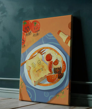 Whimsical Breakfast with Animated Tomatoes and Toast on a Bright Plate