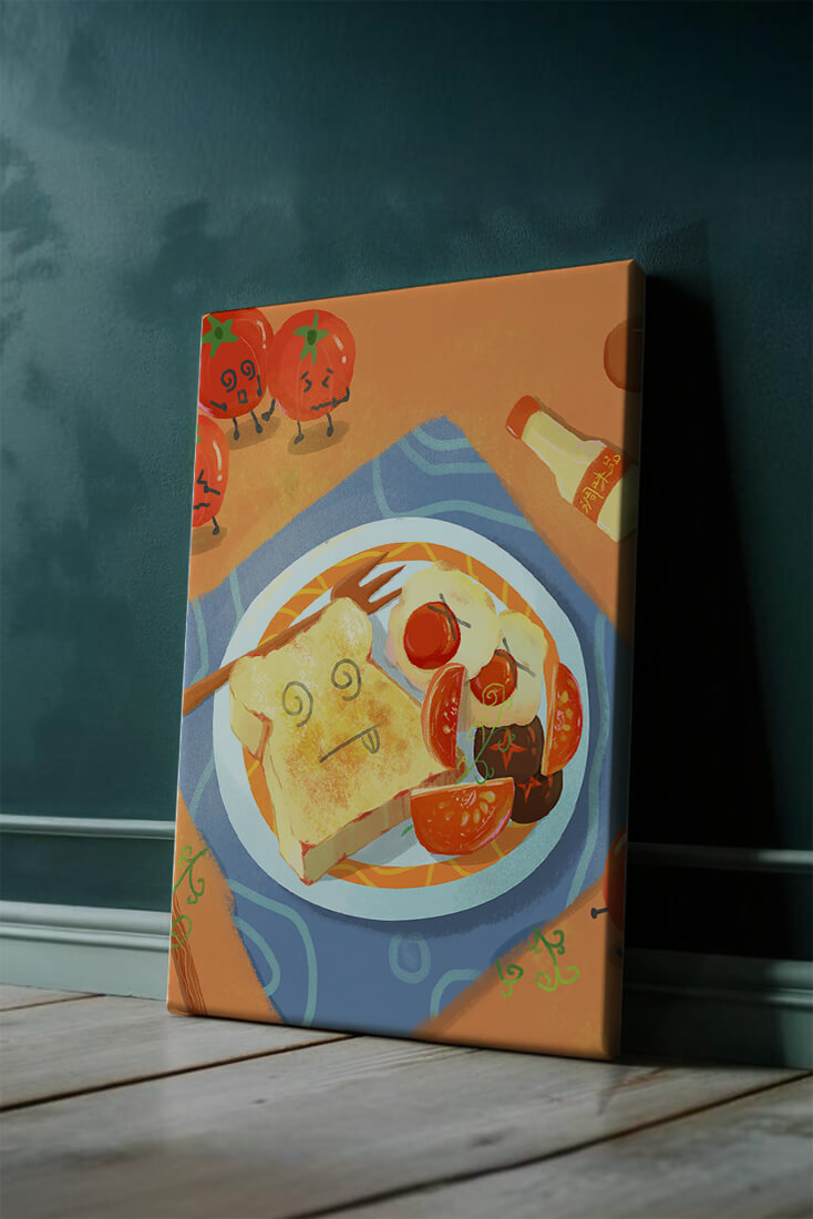 Desayuno caprichoso con tomates animados y tostadas en un plato brillante