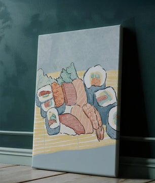 Illustration of assorted sushi rolls with shrimp and salmon on a bamboo mat