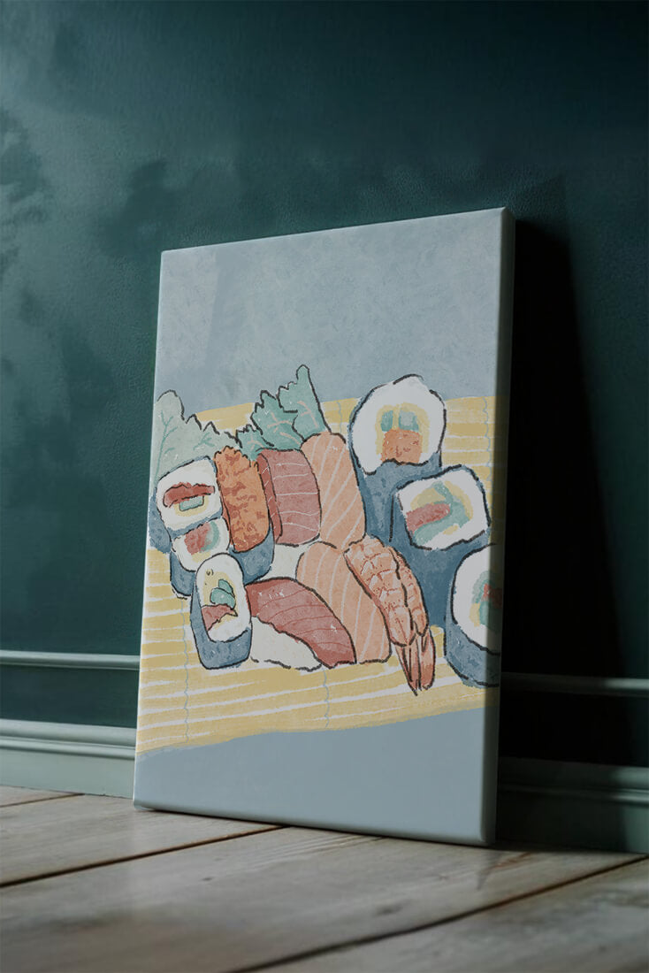 Illustration of assorted sushi rolls with shrimp and salmon on a bamboo mat