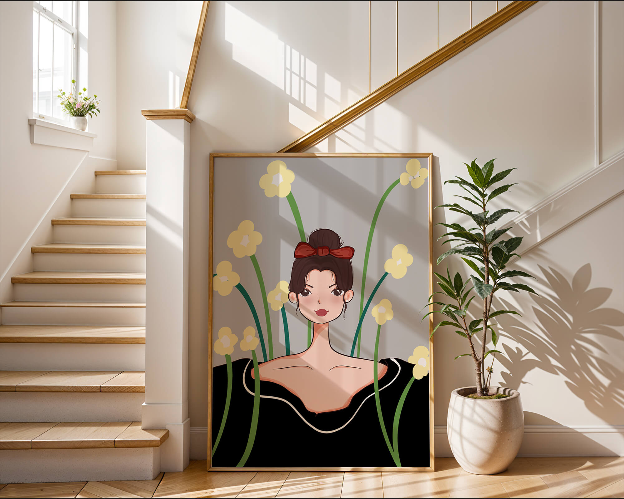Illustration of a woman with floral background and red bow