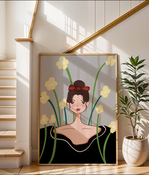 Ilustración de una mujer con fondo floral y lazo rojo