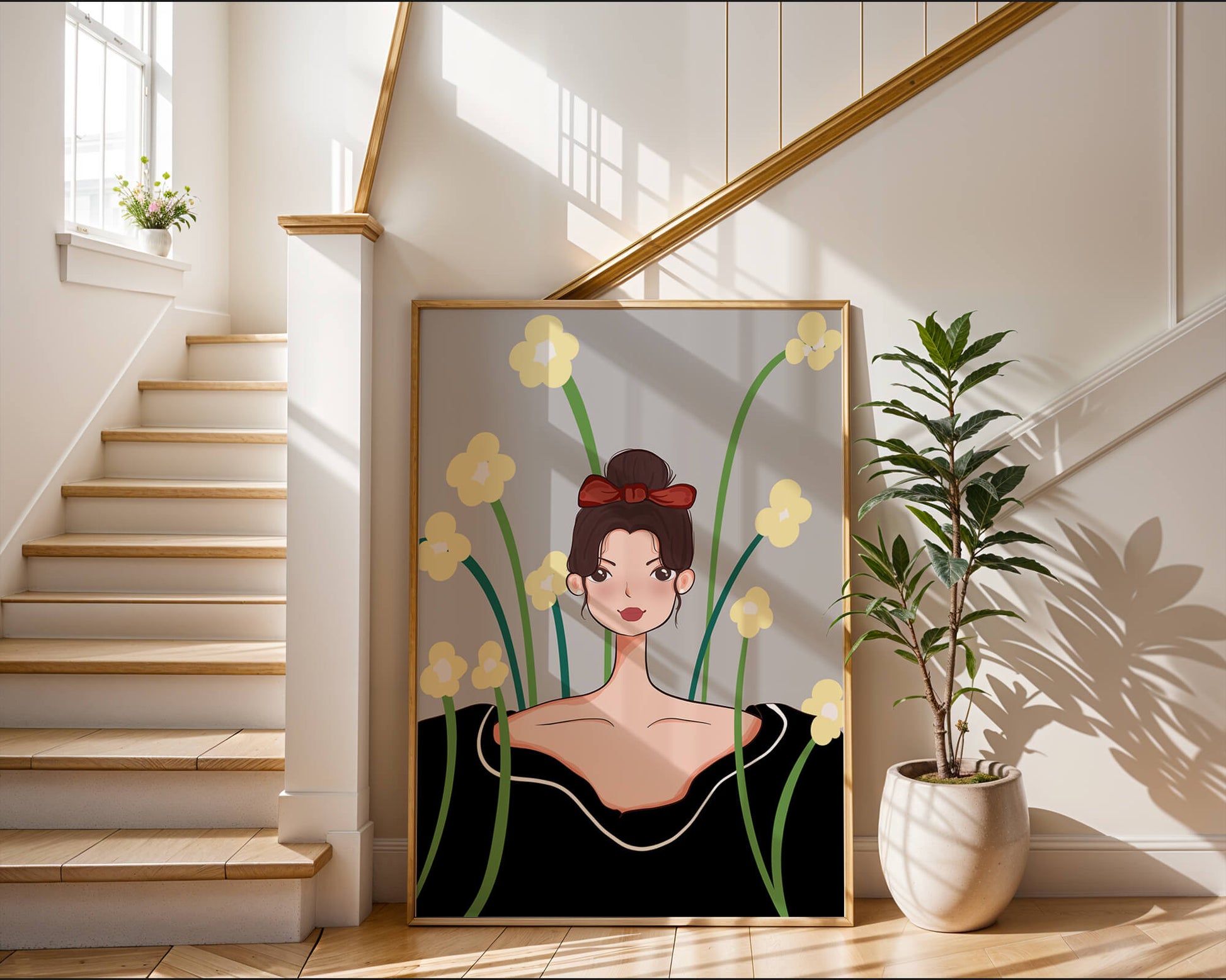 Illustration of a woman with floral background and red bow