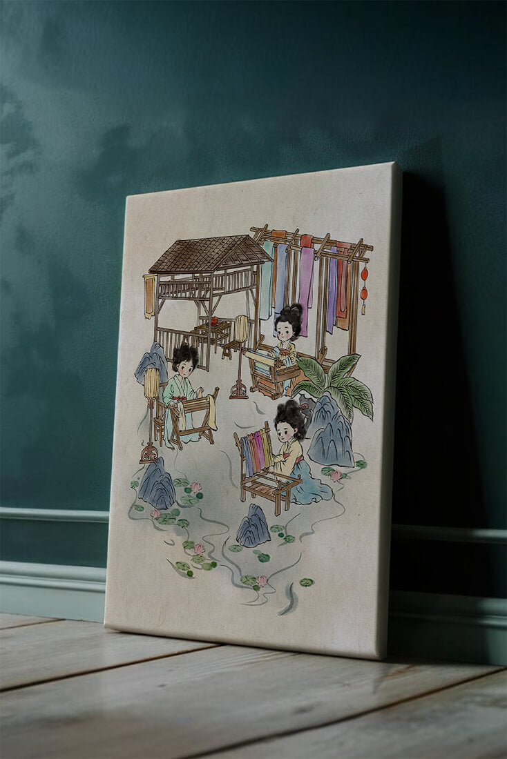 Charming illustration of traditional textile crafts in a serene setting