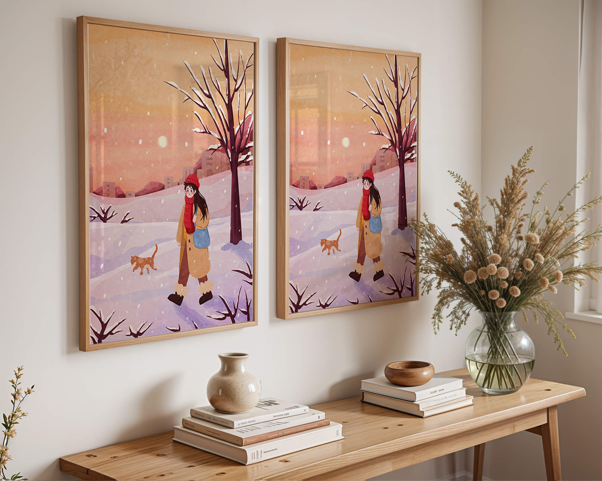 Winter sunset walk with a girl and dog in snowy landscape